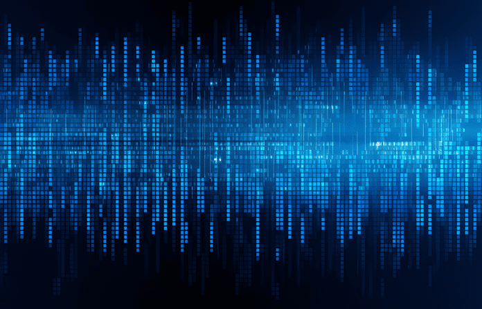 Cryptic blue streaming binary code screen.